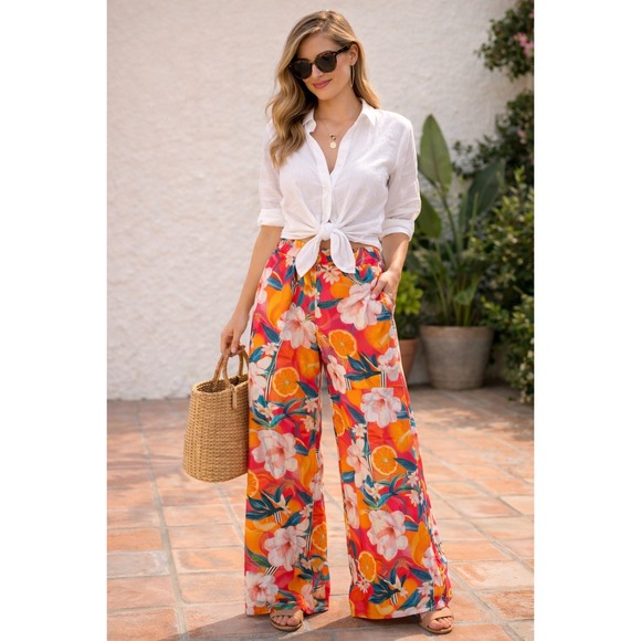 Boohoo Pants - Boohoo Floral Citrus Print Wide Leg Sheer Beach Trousers Tropical Summer Sz 12